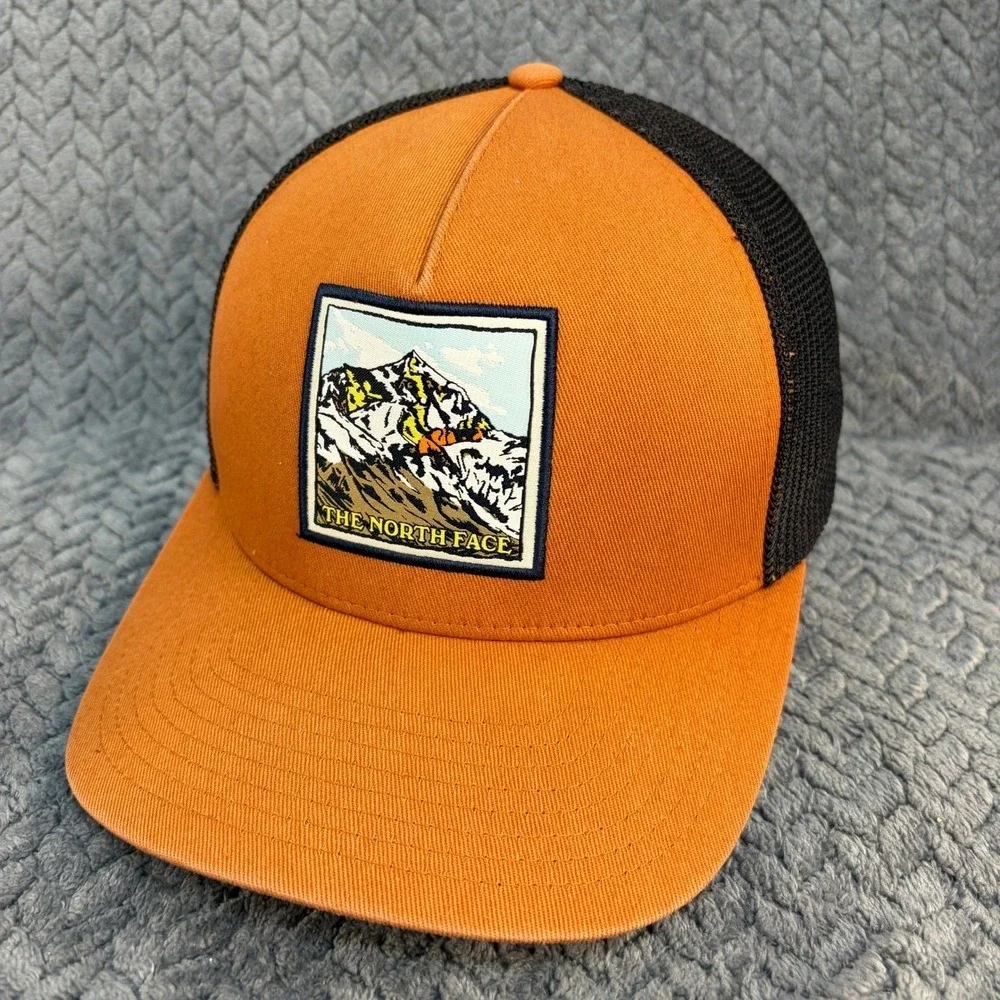 The North Face Mountain Patch Trucker Hat Orange Brown Mesh Snapback Cap